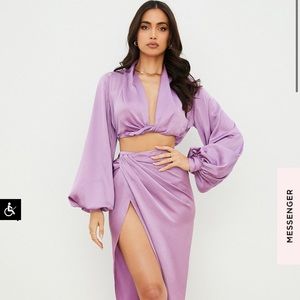 LILAC SILKY SATIN PLUNGE BLOUSON CO-ORD